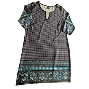 Wrapper Women 2X Shift Dress Black Blue Geometric Paisley Keyhole Casual Travel